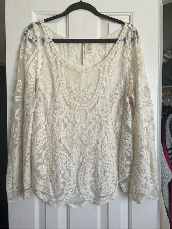 Tops - Lace Embroidered Long-Sleeve Top - Cream
